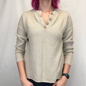 Women's Beige 4 Button Henley Knit Long Sleeve Sweater Medium Split Hem